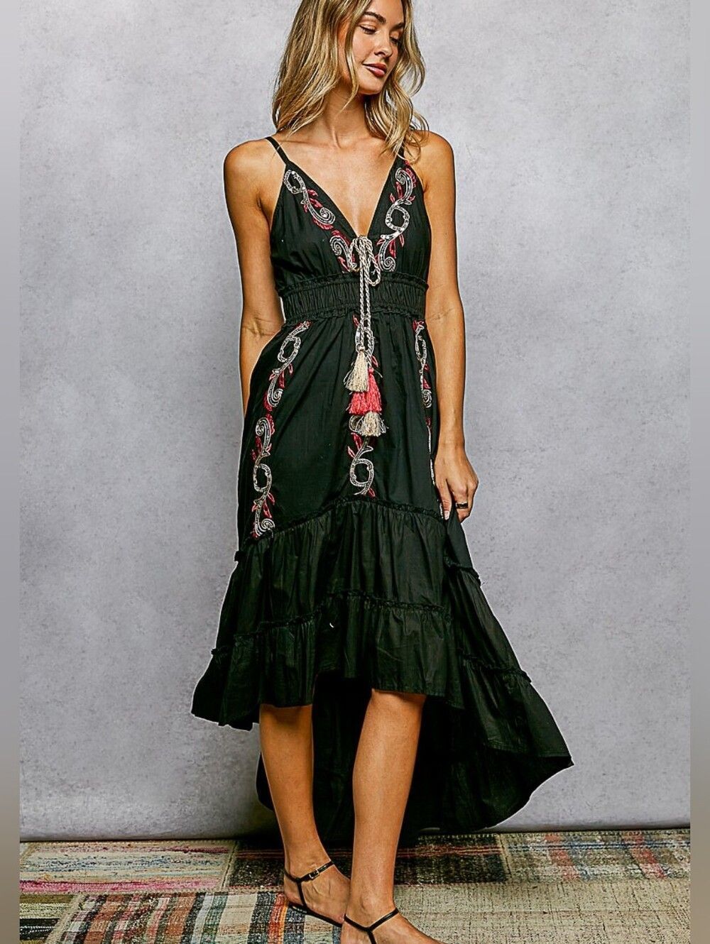 POL Embroidered Detail Tassel Tie Smocked Waist Midi Tiered Slip Dress - Black - Picture 4 of 5